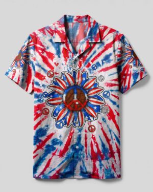 Front view of the peace y'all sunflower america tie dye camp shirt featuring vibrant red, white, and blue colors.