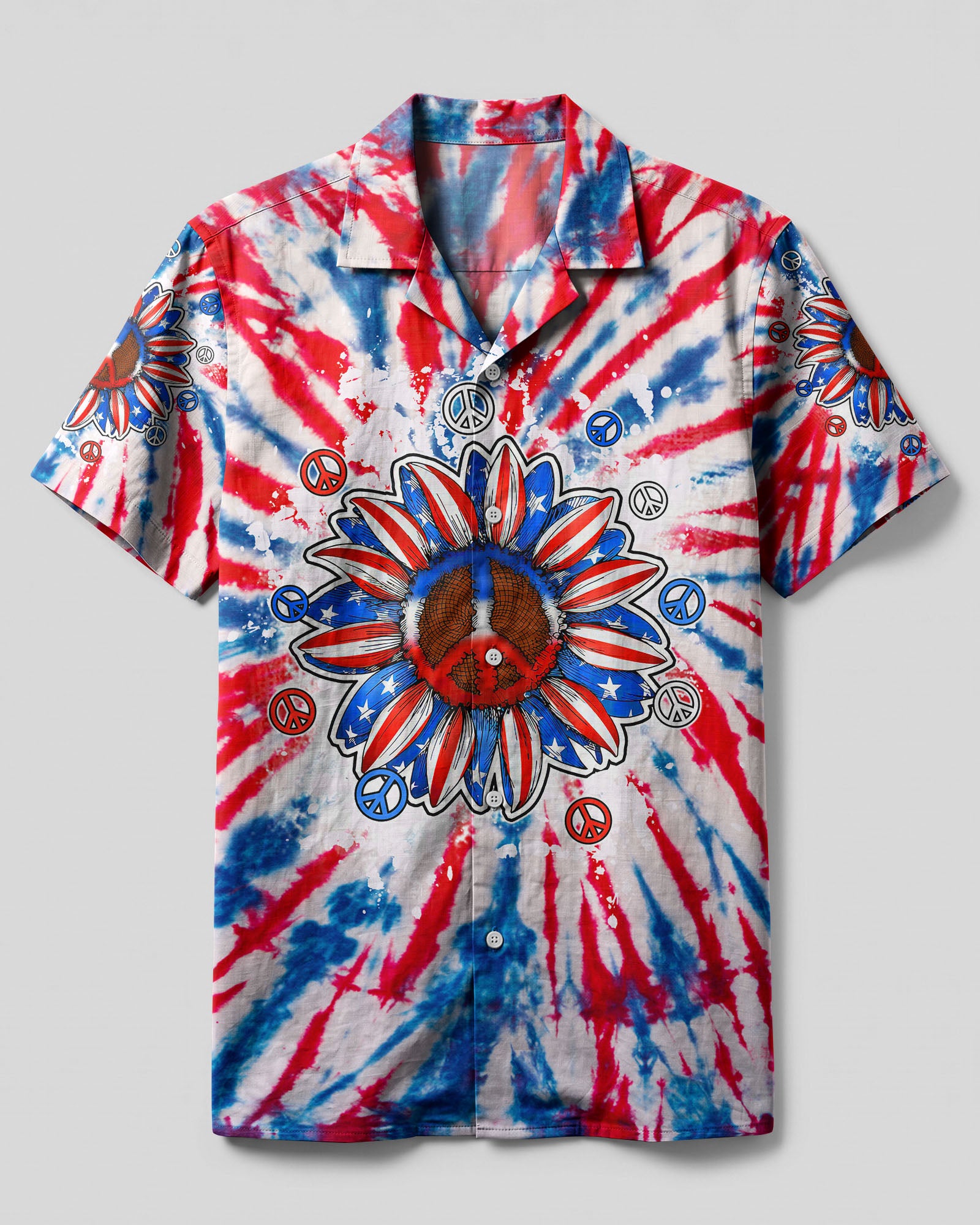 Peace Y'All Sunflower America Tie Dye Camp Shirt Front view of the peace y'all sunflower america tie dye camp shirt featuring vibrant red, white, and blue colors.