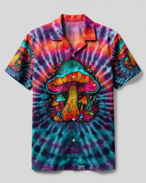 Front view of the Eat Mushrooms See The Universe tie dye camp shirt in vibrant colors with a large mushroom graphic.