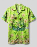 Front view of the be you the world will adjust frog camp shirt, featuring vibrant green and playful frog design.