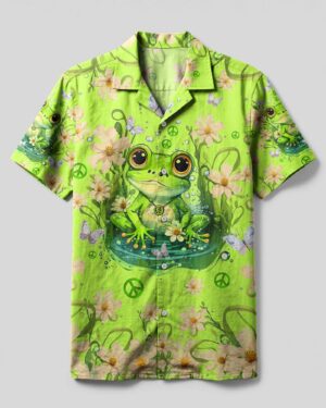Front view of the be you the world will adjust frog camp shirt, featuring vibrant green and playful frog design.