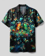 Front view of the Dance In The Rain Frog Camp Shirt featuring vibrant frogs and flowers on a black background.