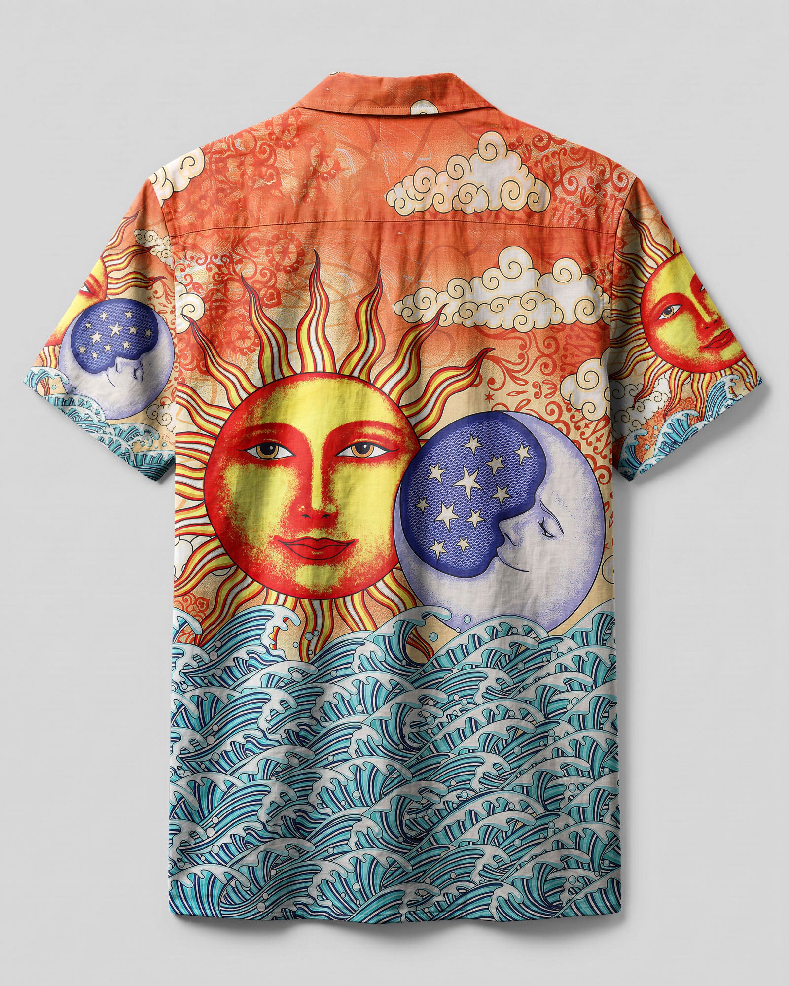 Sun and Moon Beach Hawaiian Shirt Back view of the sun and moon beach camp shirt showcasing the intricate wave patterns and sun motifs.