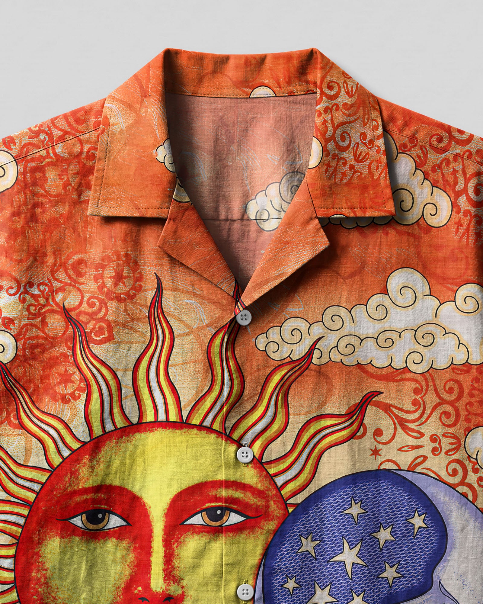 Sun and Moon Beach Hawaiian Shirt Close-up detail of the sun and moon beach camp shirt highlighting the unique artwork and fabric texture.