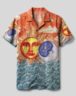 Front view of the sun and moon beach camp shirt featuring vibrant colors and detailed celestial designs.