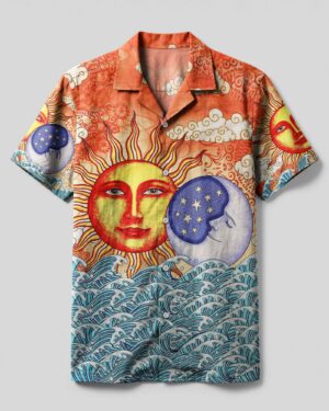 Front view of the sun and moon beach camp shirt featuring vibrant colors and detailed celestial designs.