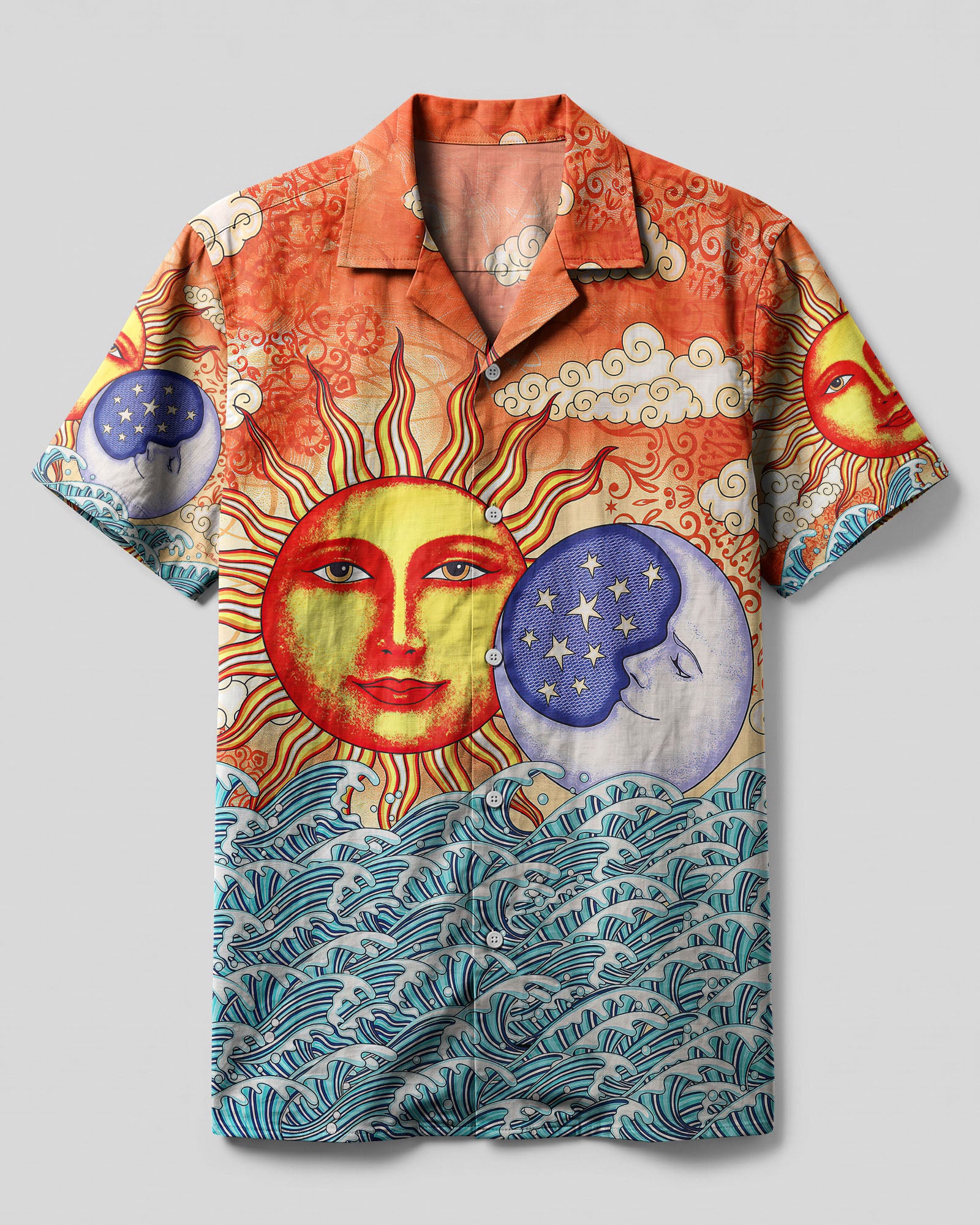 Sun and Moon Beach Hawaiian Shirt Front view of the sun and moon beach camp shirt featuring vibrant colors and detailed celestial designs.