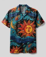 Front view of the sun and moon beach camp shirt featuring vibrant colors and intricate celestial designs.