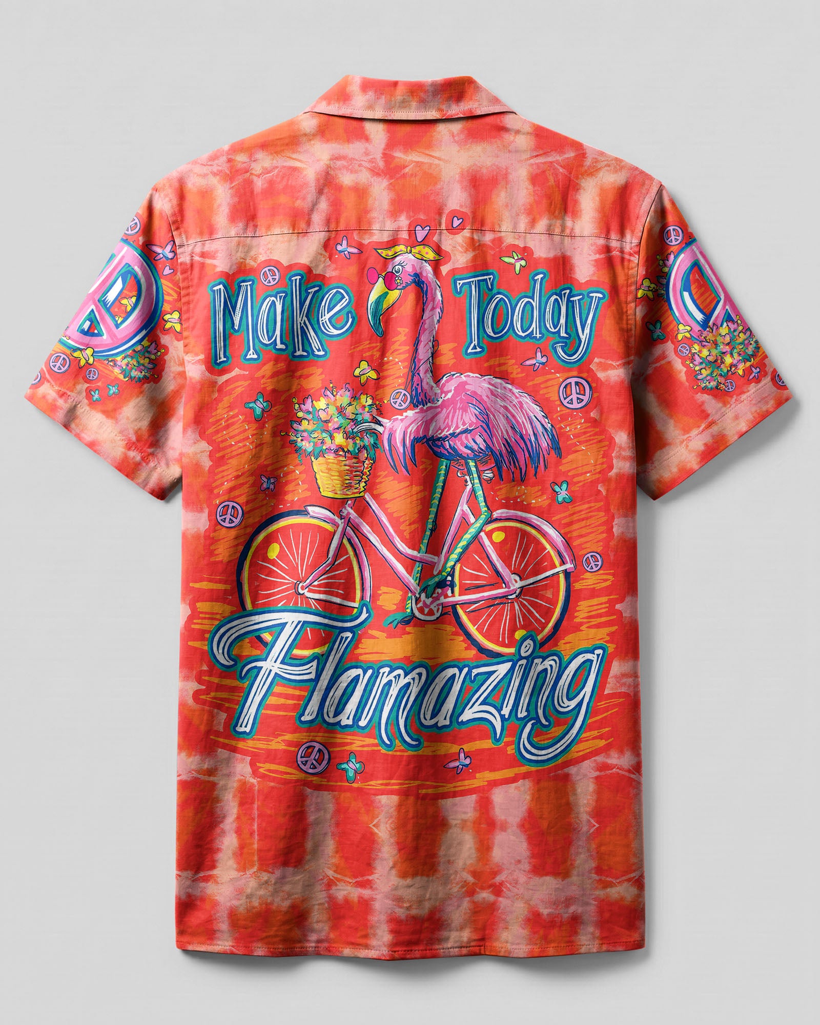 Flamingo Bicycle Camp Shirt Back view showcasing the flamingo bicycle camp shirt's colorful design and relaxed fit, perfect for summer outings.