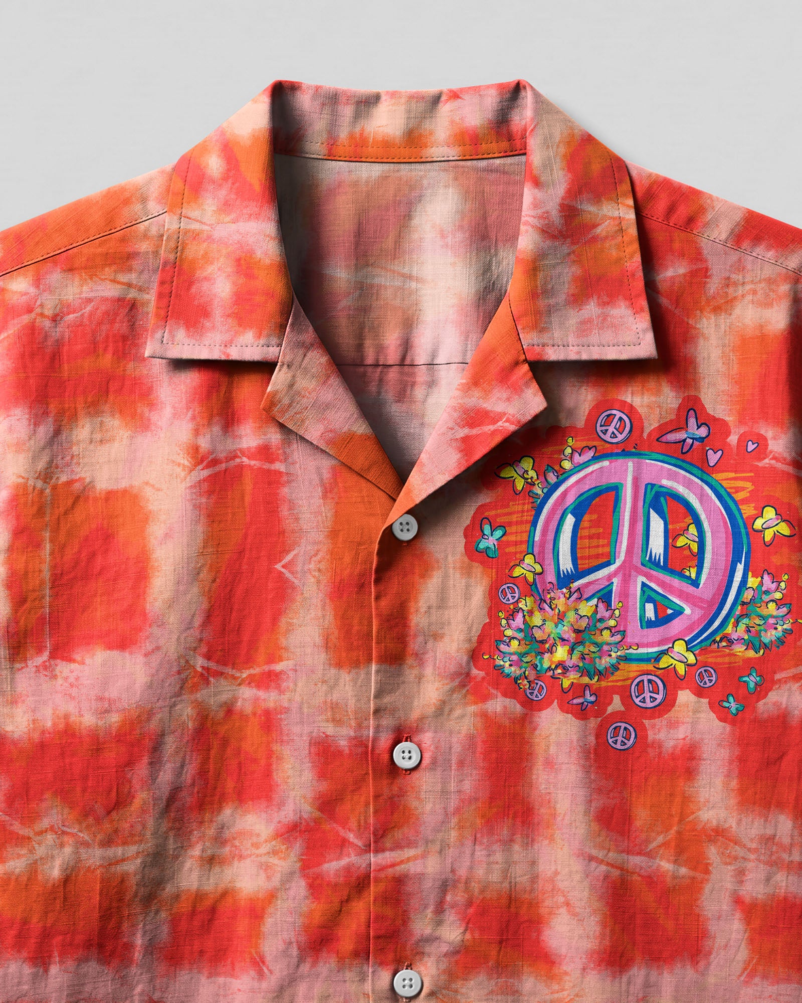 Flamingo Bicycle Camp Shirt Close-up of the flamingo bicycle camp shirt fabric highlighting the unique tie-dye pattern and vibrant colors.