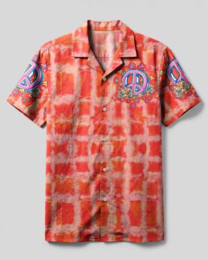 Front view of the flamingo bicycle camp shirt in vibrant orange with peace symbol and floral details.