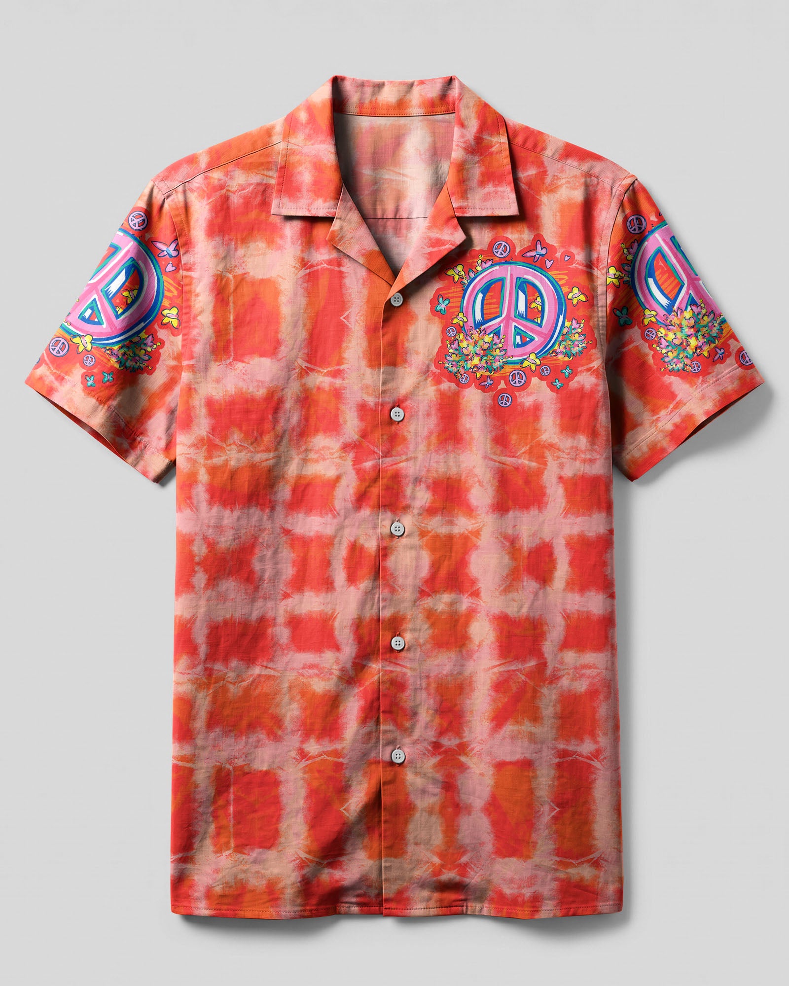 Flamingo Bicycle Camp Shirt Front view of the flamingo bicycle camp shirt in vibrant orange with peace symbol and floral details.