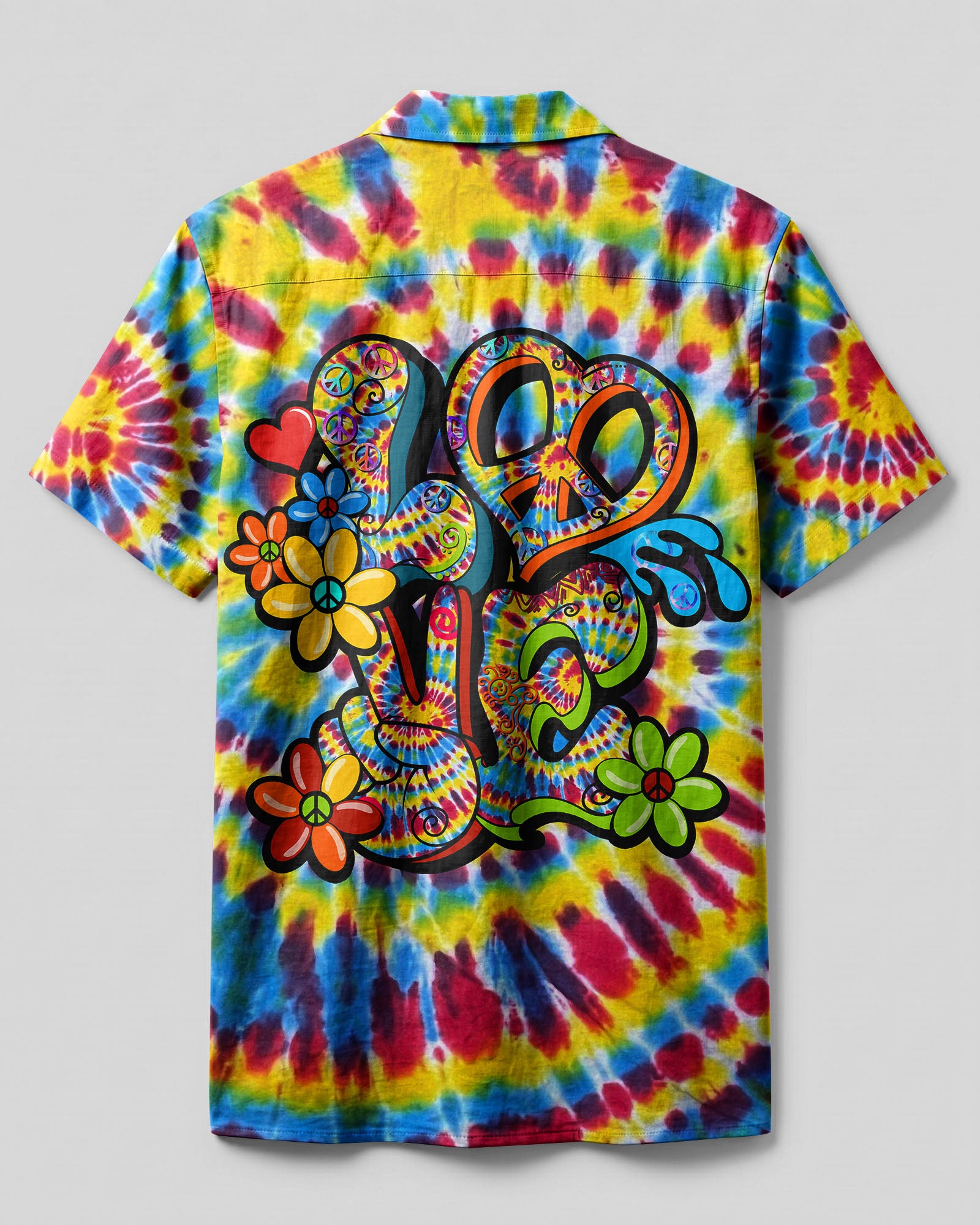Hippie Peace Love Flowers Tie Dye Camp Shirt Back angle of the hippie peace love flowers tie dye camp shirt showcasing the colorful tie dye pattern in full view.