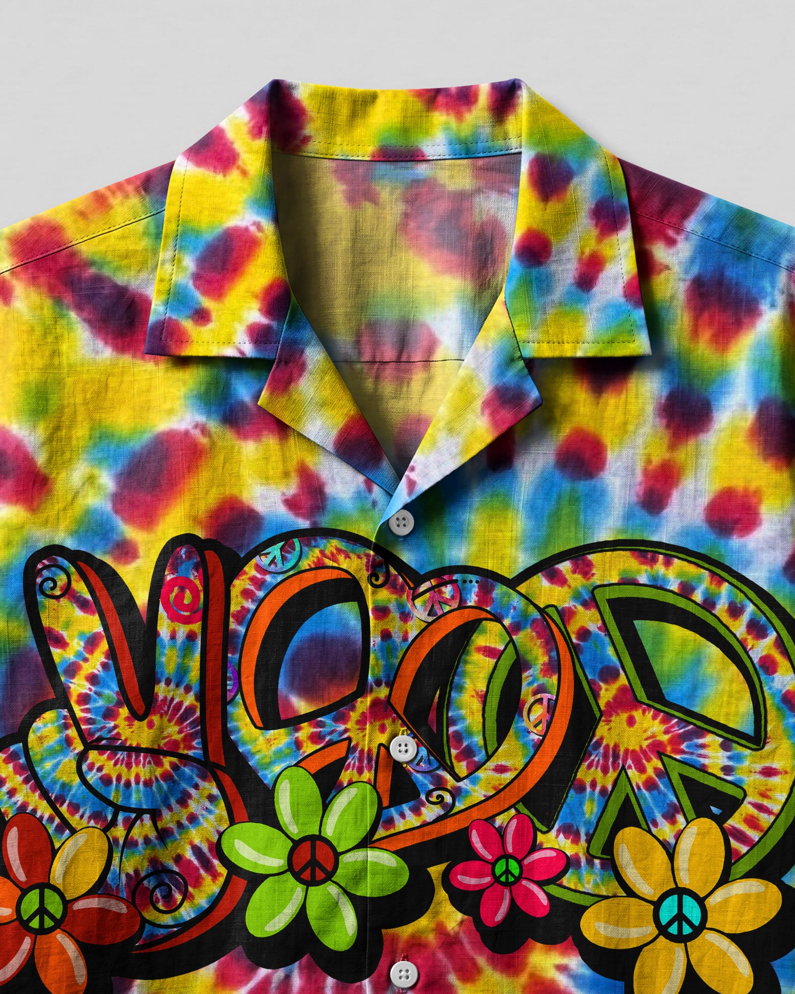 Hippie Peace Love Flowers Tie Dye Camp Shirt Close-up detail of the hippie peace love flowers tie dye camp shirt highlighting the intricate flower designs and textures.