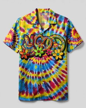 Front view of the hippie peace love flowers tie dye camp shirt featuring vibrant colors and bold flower graphics.