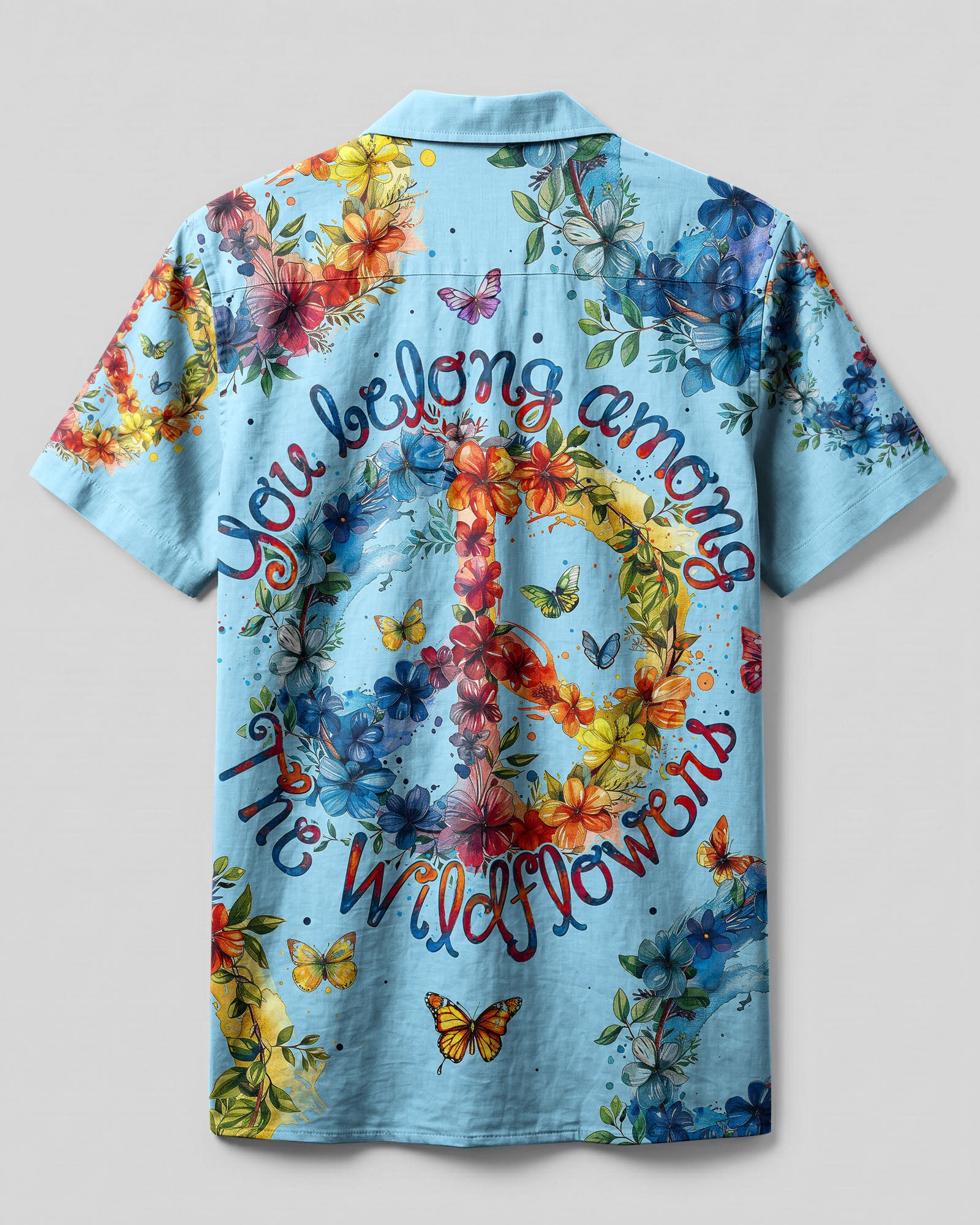 Peace Symbol Floral Camp Shirt Back view of the peace symbol floral camp shirt, showcasing a continuation of floral patterns and butterflies against blue fa