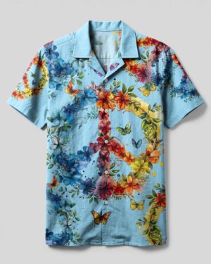 Front view of the peace symbol floral camp shirt, featuring vibrant colors and floral designs on a light blue background.