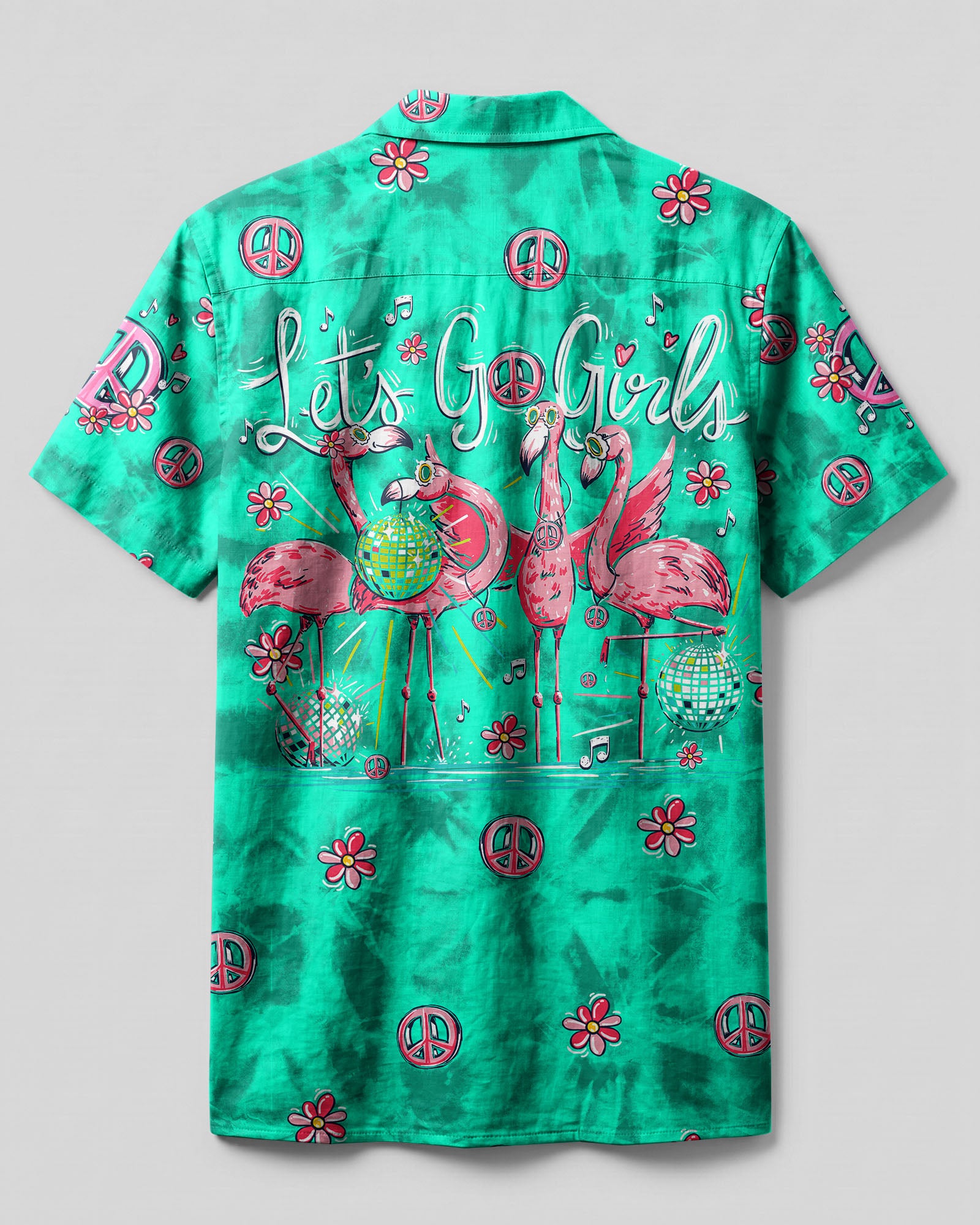 Let's Go Girls Flamingo Camp Shirt Back angle of the let's go girls flamingo camp shirt showcasing its colorful flower patterns and relaxed fit.