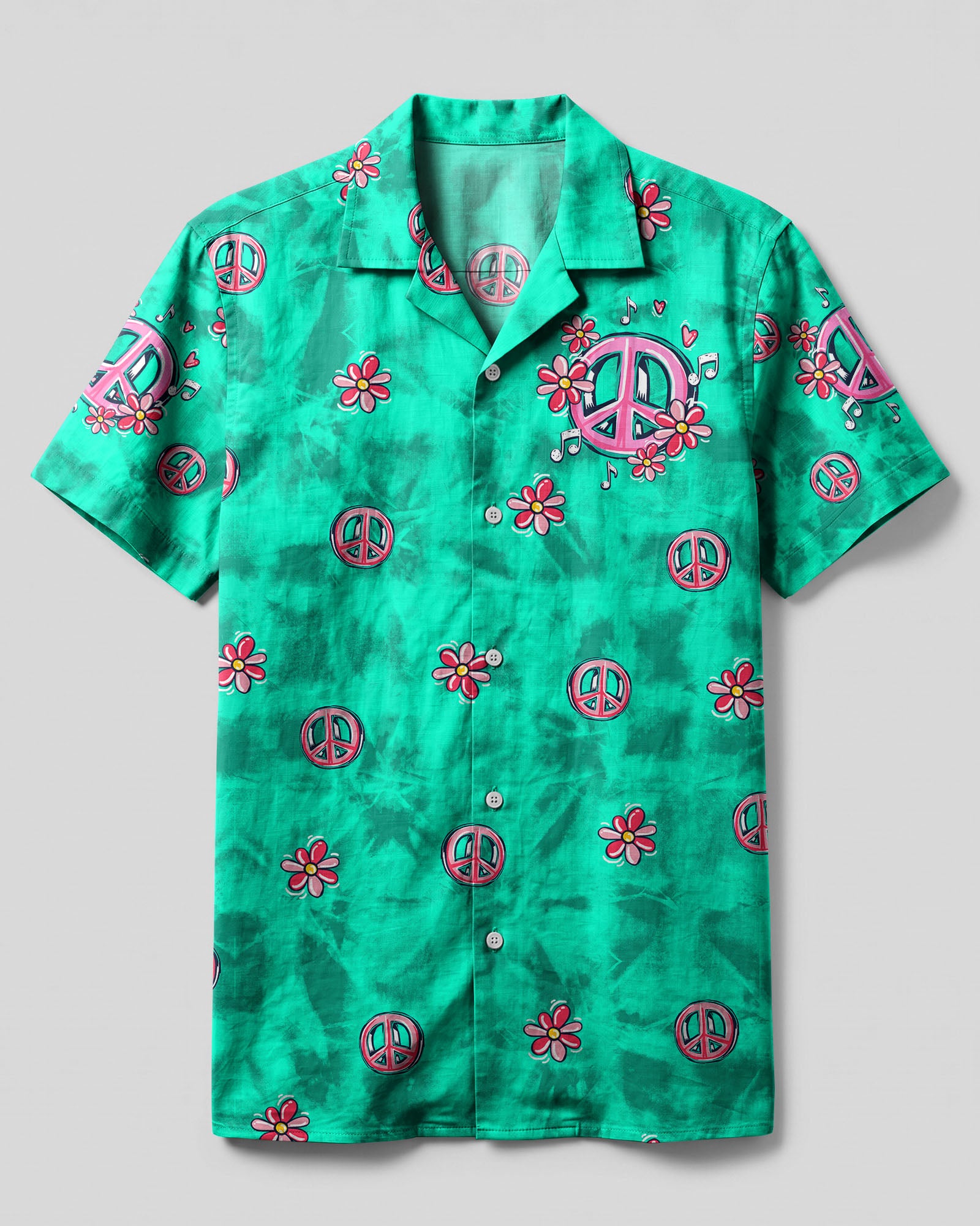 Let's Go Girls Flamingo Camp Shirt Front view of the let's go girls flamingo camp shirt featuring vibrant turquoise with floral peace sign designs.