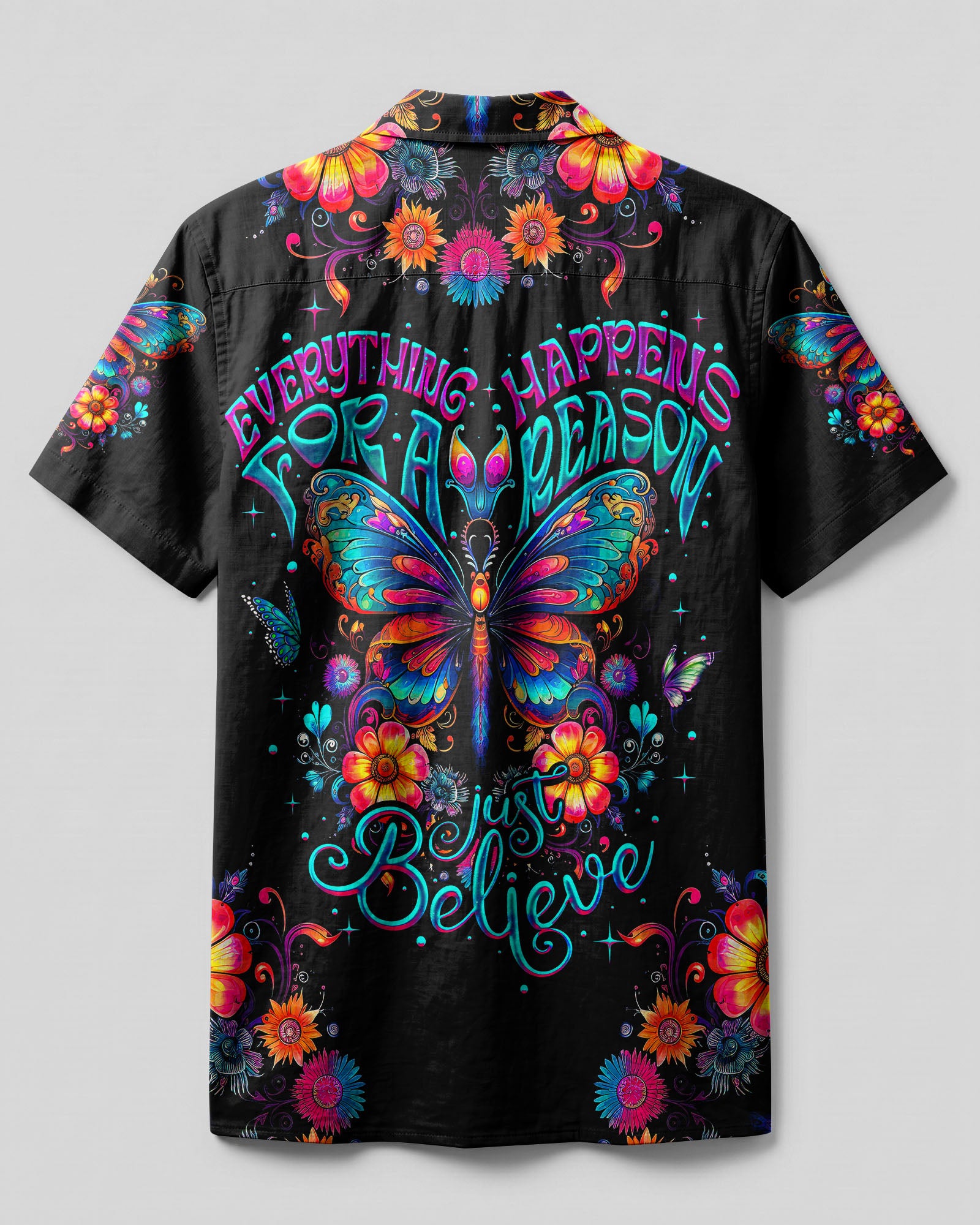 Just Believe Vibrant Camp Shirt Back view of the just believe camp shirt showing the intricate floral patterns and bright colors for a stylish look.