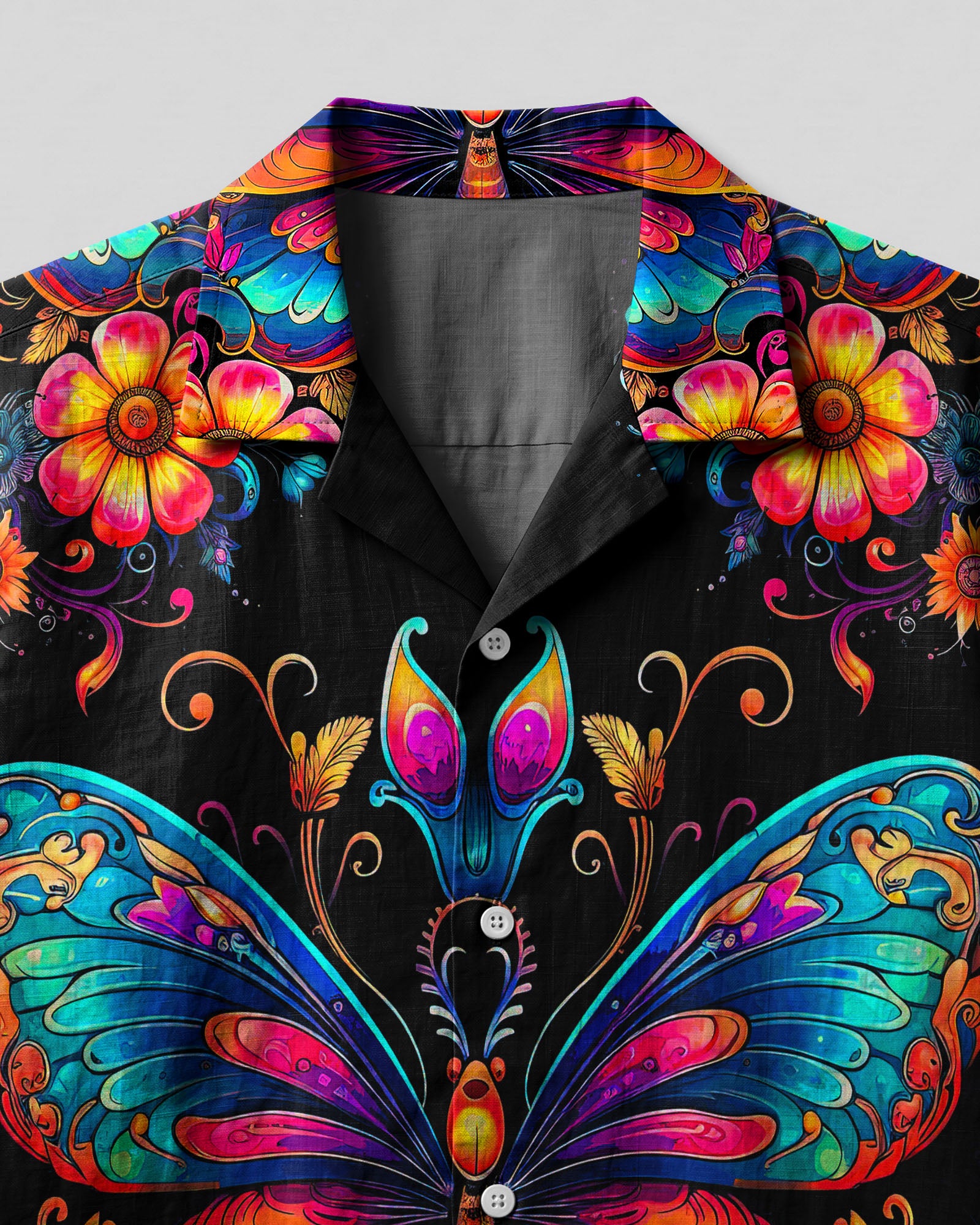Just Believe Vibrant Camp Shirt Close-up detail of the just believe camp shirt's butterfly design, highlighting the vivid colors and artistic craftsmanship.
