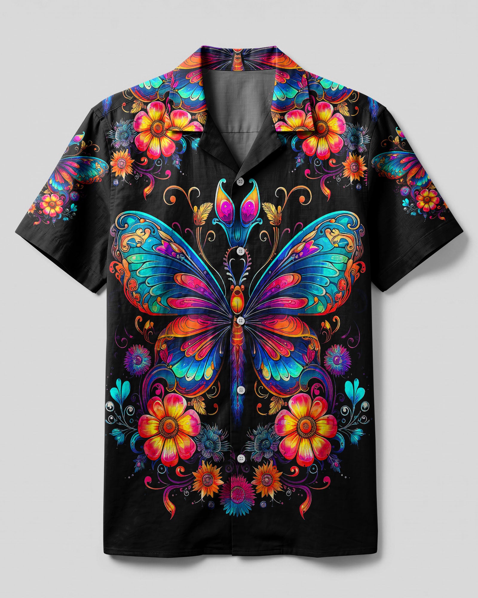 Just Believe Vibrant Camp Shirt Front view of the just believe camp shirt featuring vibrant butterfly and floral designs on a black background.