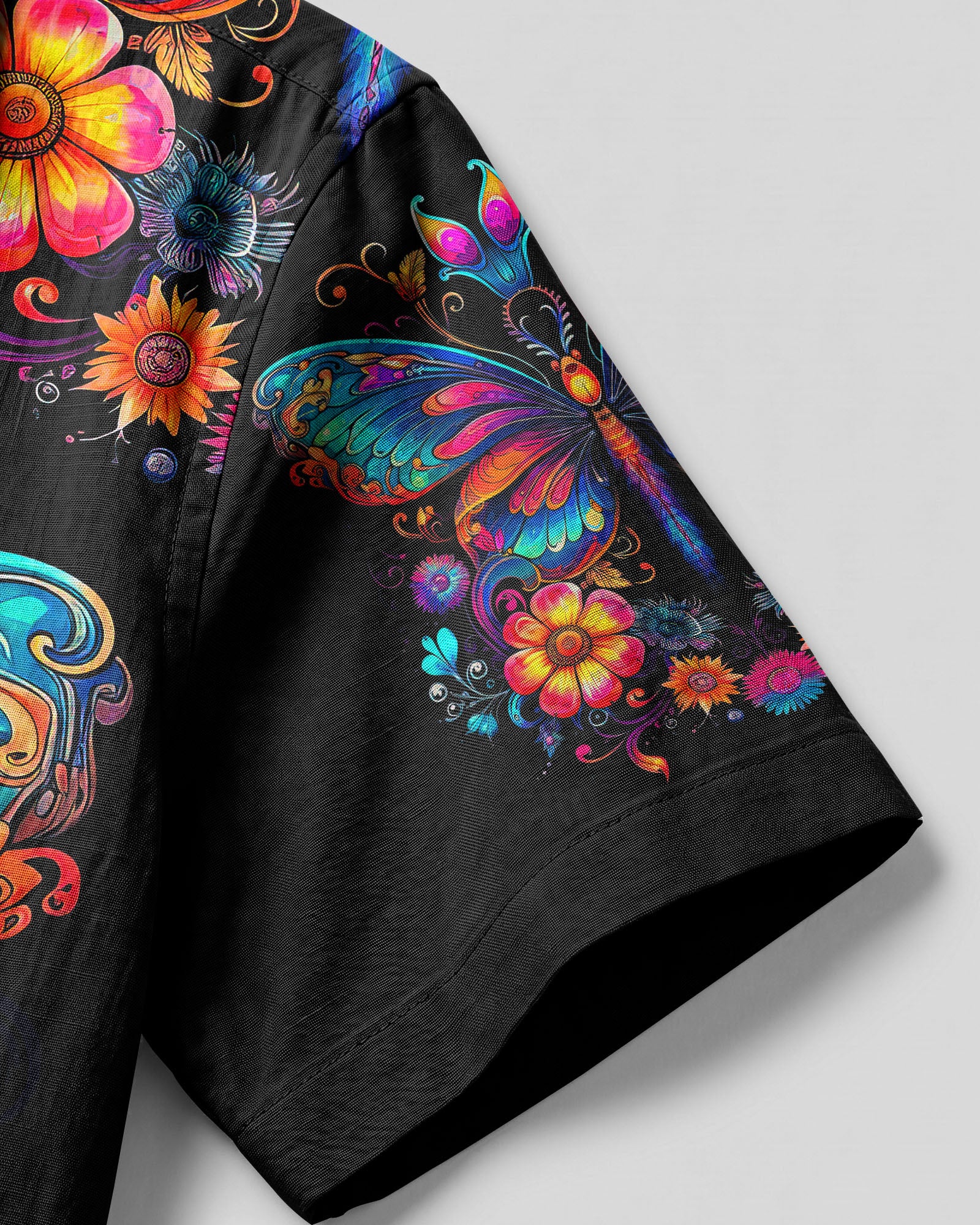 Just Believe Vibrant Camp Shirt Model wearing the just believe camp shirt outdoors, showcasing its colorful design in a vibrant lifestyle setting.