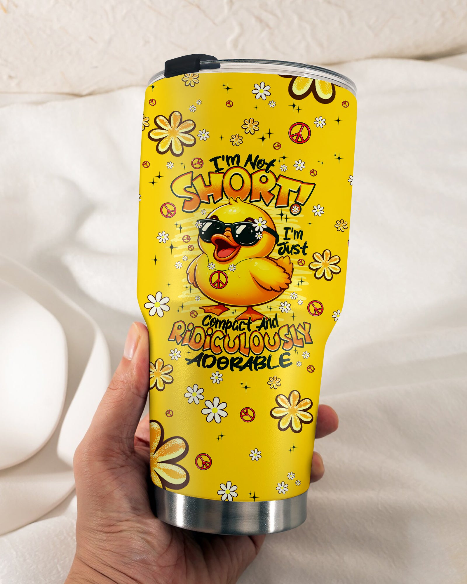 im not short duck hippie tumbler Front view of the I'M NOT SHORT DUCK HIPPIE TUMBLER, featuring bold text and an adorable duck character.