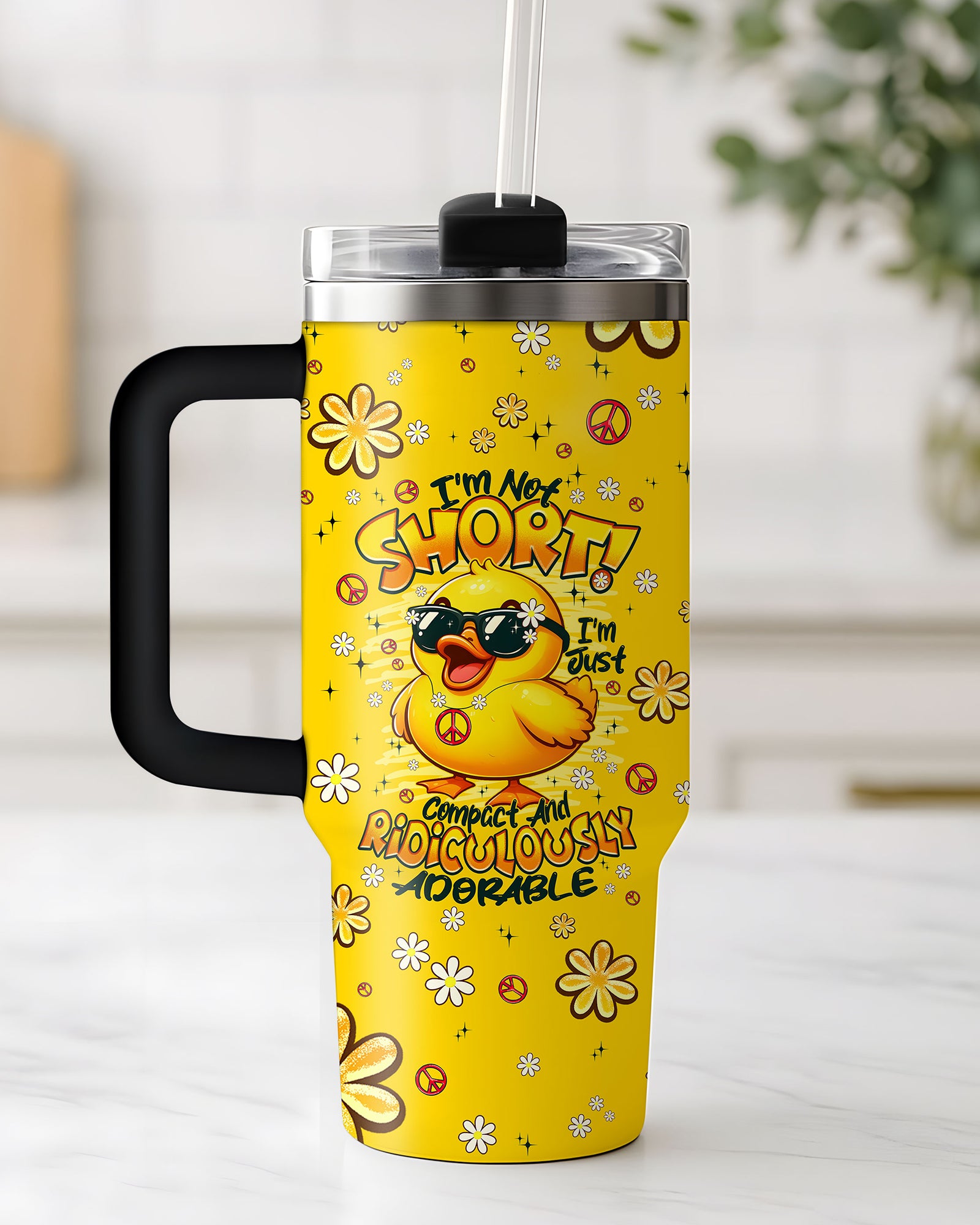 im not short duck hippie tumbler Top view of the I'M NOT SHORT DUCK HIPPIE TUMBLER with a straw, emphasizing its sleek design and colorful exterior.