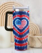 Front view of the American flag heart tumbler with vibrant red, white, and blue tie-dye design.