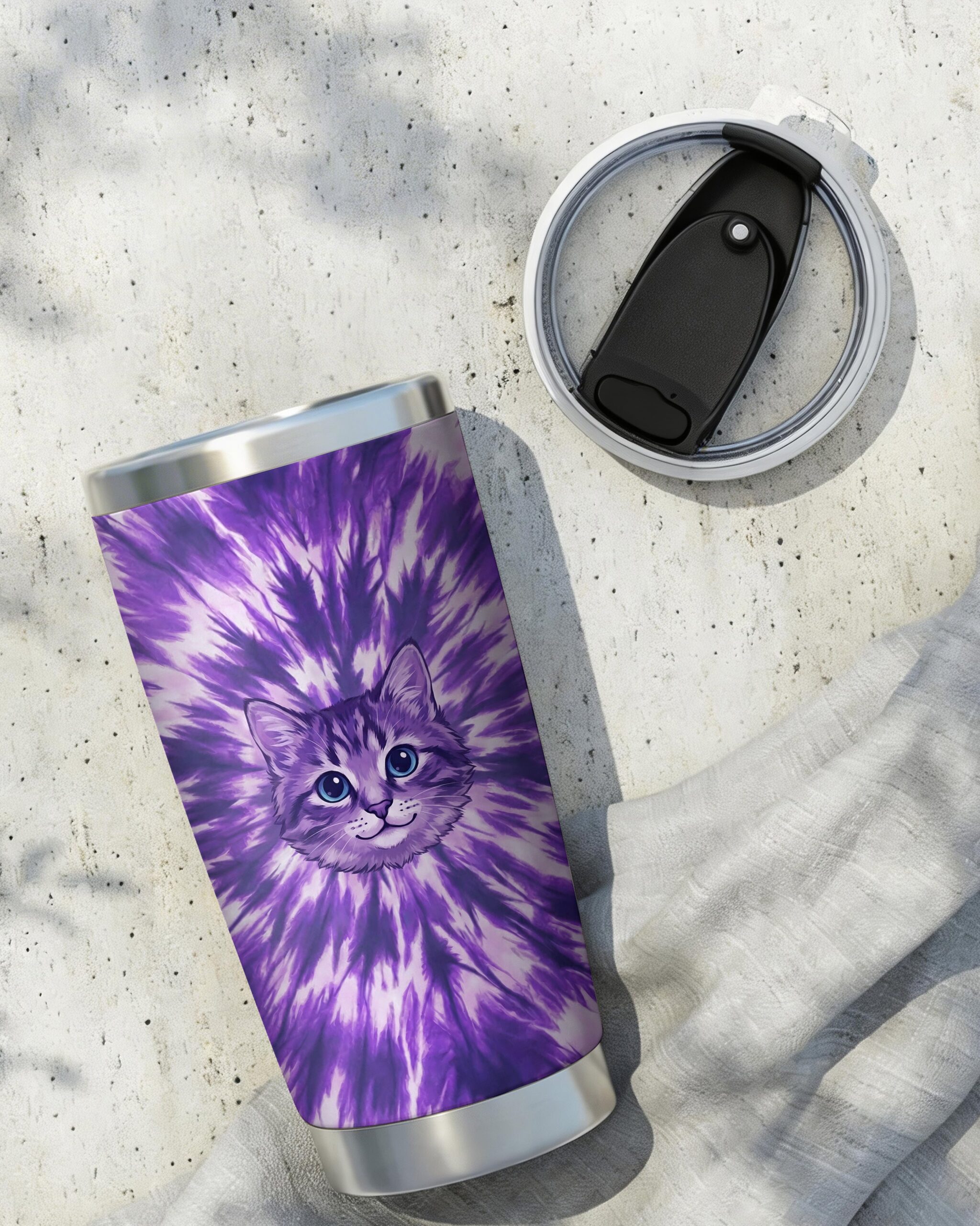 Purple Aura Cat Tumbler | Vibrant Cat Design Back view of the purple aura cat tumbler highlighting its sturdy handle and stylish design elements.