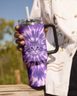 Close-up of the purple aura cat tumbler showcasing its vibrant design and detailed cat illustration.