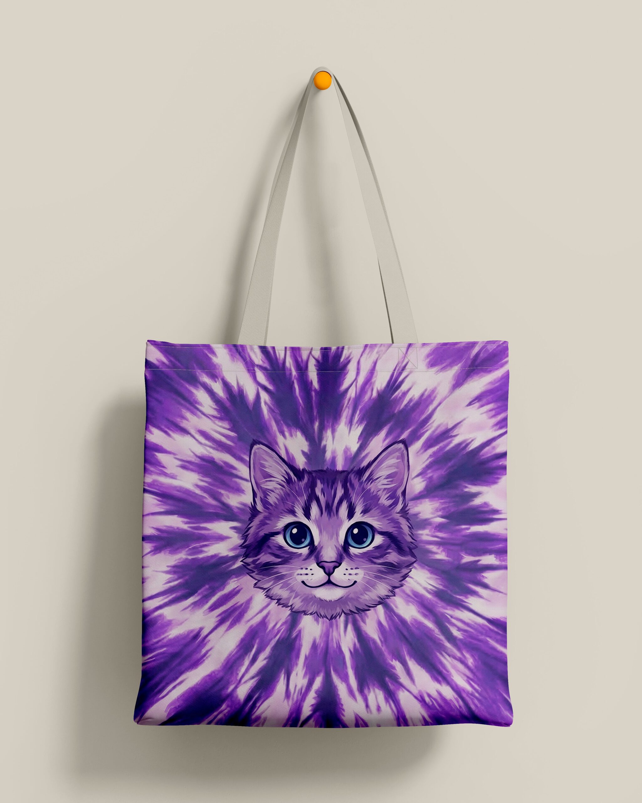 Purple Aura Cat Tote Bag Front view of the purple aura cat tote bag, featuring an adorable cat illustration surrounded by a swirling purple pattern.