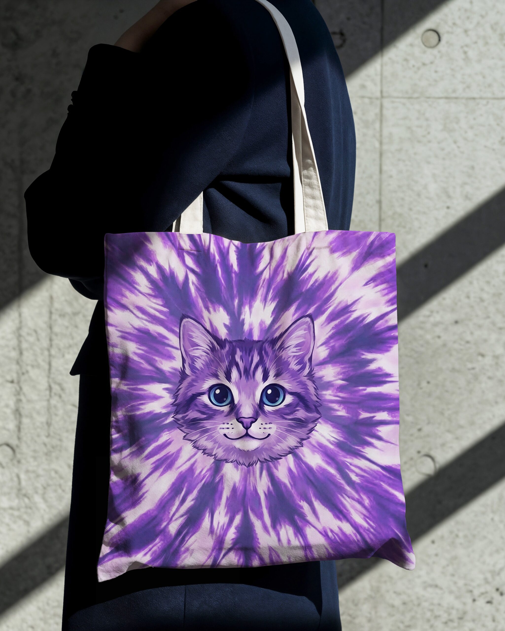 Purple Aura Cat Tote Bag Detail shot of the purple aura cat tote bag fabric, highlighting the unique tie-dye texture and whimsical cat design.