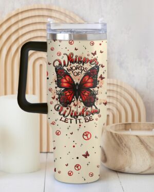 Front view of the whisper words of wisdom tumbler featuring a butterfly design with vibrant colors.
