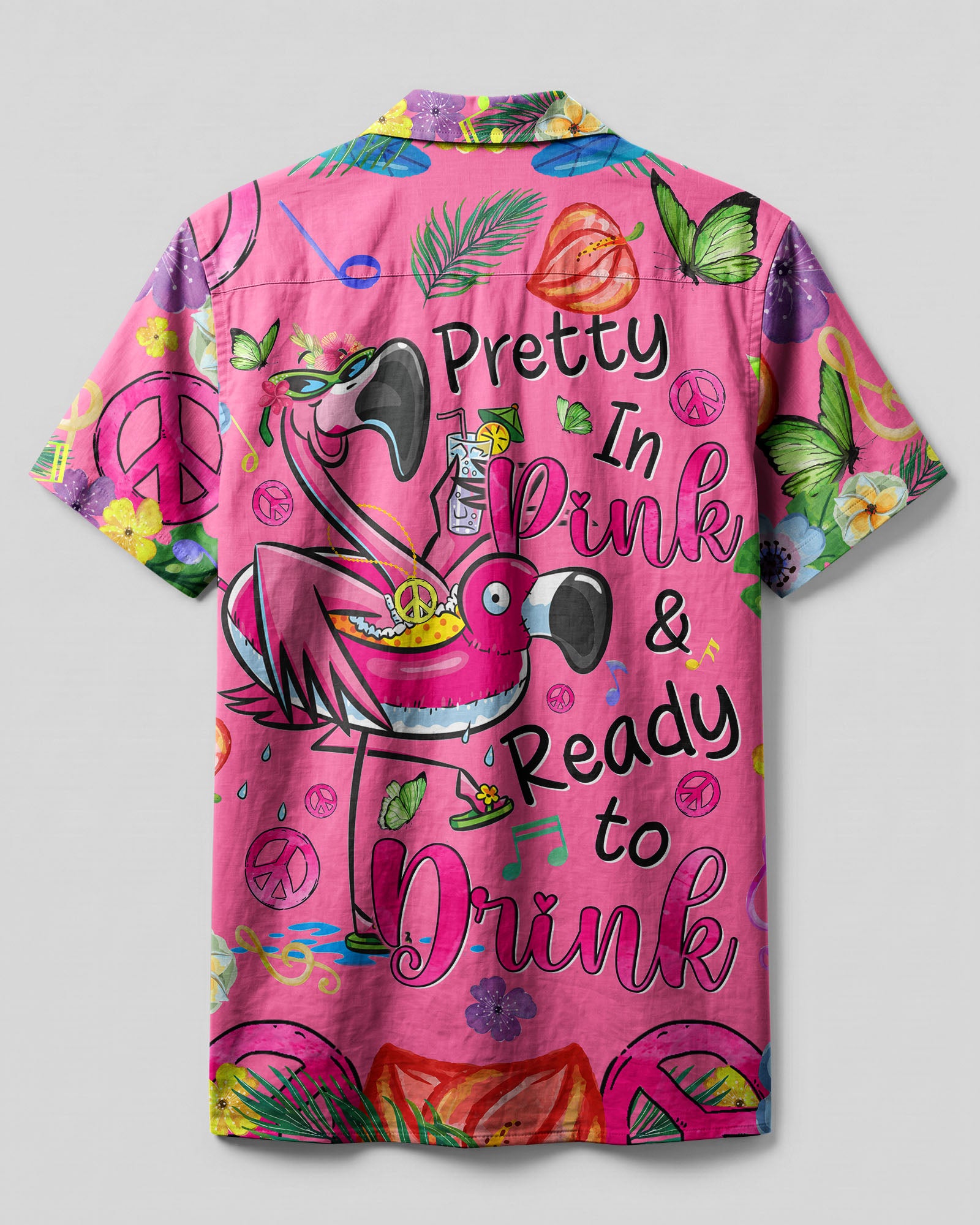 Pretty In Pink Flamingo Hawaiian Shirt Back view of the pretty in pink flamingo camp shirt highlighting the colorful flamingo design and short sleeves.