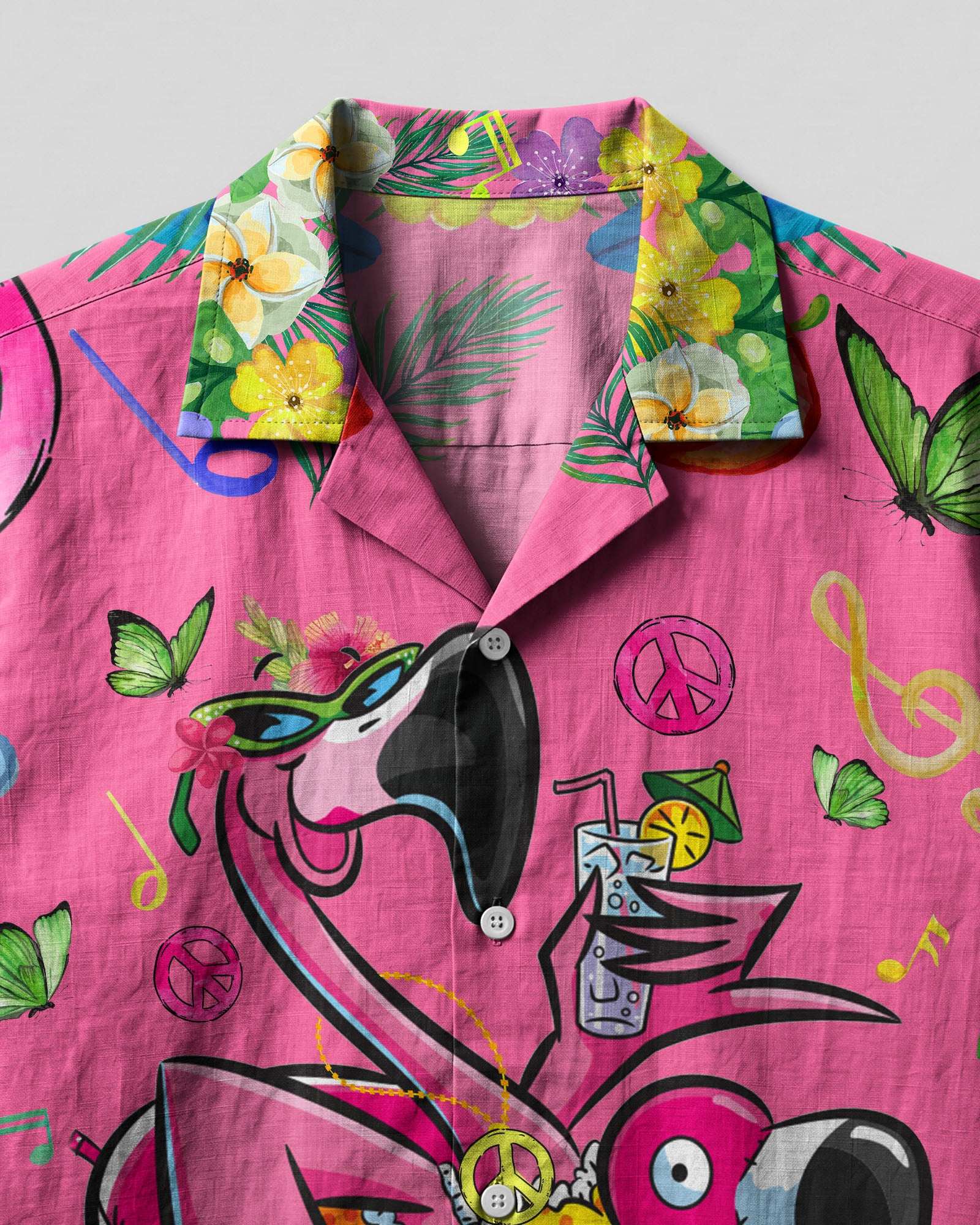 Pretty In Pink Flamingo Hawaiian Shirt Close-up detail of the pretty in pink flamingo camp shirt fabric, emphasizing the playful graphics and bright colors.