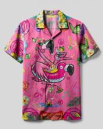 Front view of the pretty in pink flamingo camp shirt showcasing vibrant prints and a relaxed fit.