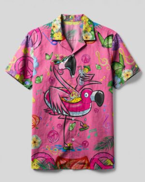 Front view of the pretty in pink flamingo camp shirt showcasing vibrant prints and a relaxed fit.