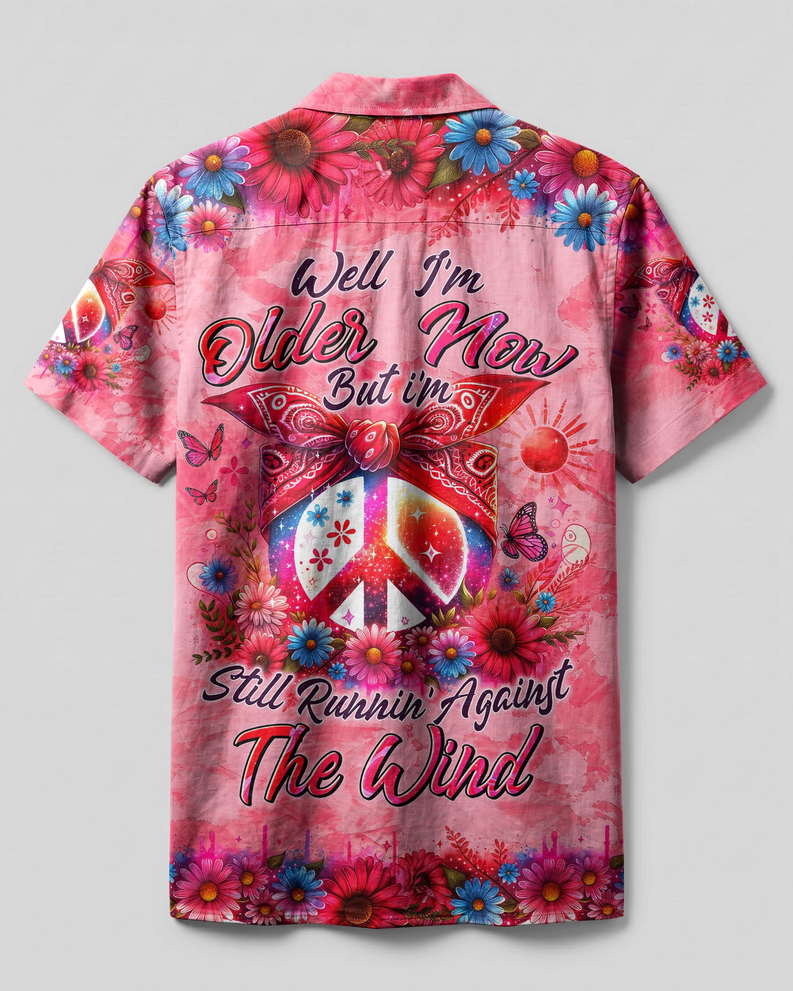 Peace Symbol Butterfly Camp Shirt Back view of the peace symbol butterfly camp shirt showcasing the colorful floral pattern and butterfly details.