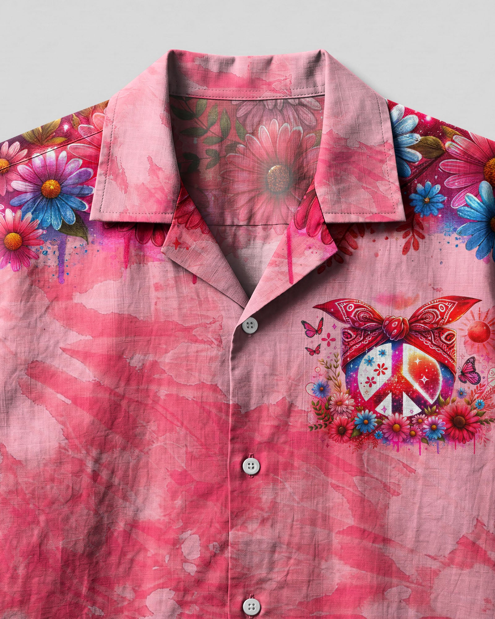 Peace Symbol Butterfly Camp Shirt Close-up detail of the peace symbol butterfly camp shirt highlighting the intricate floral embroidery and vivid colors.