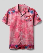 Front view of the peace symbol butterfly camp shirt, featuring a vibrant pink color and floral designs.