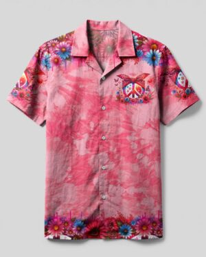 Front view of the peace symbol butterfly camp shirt, featuring a vibrant pink color and floral designs.