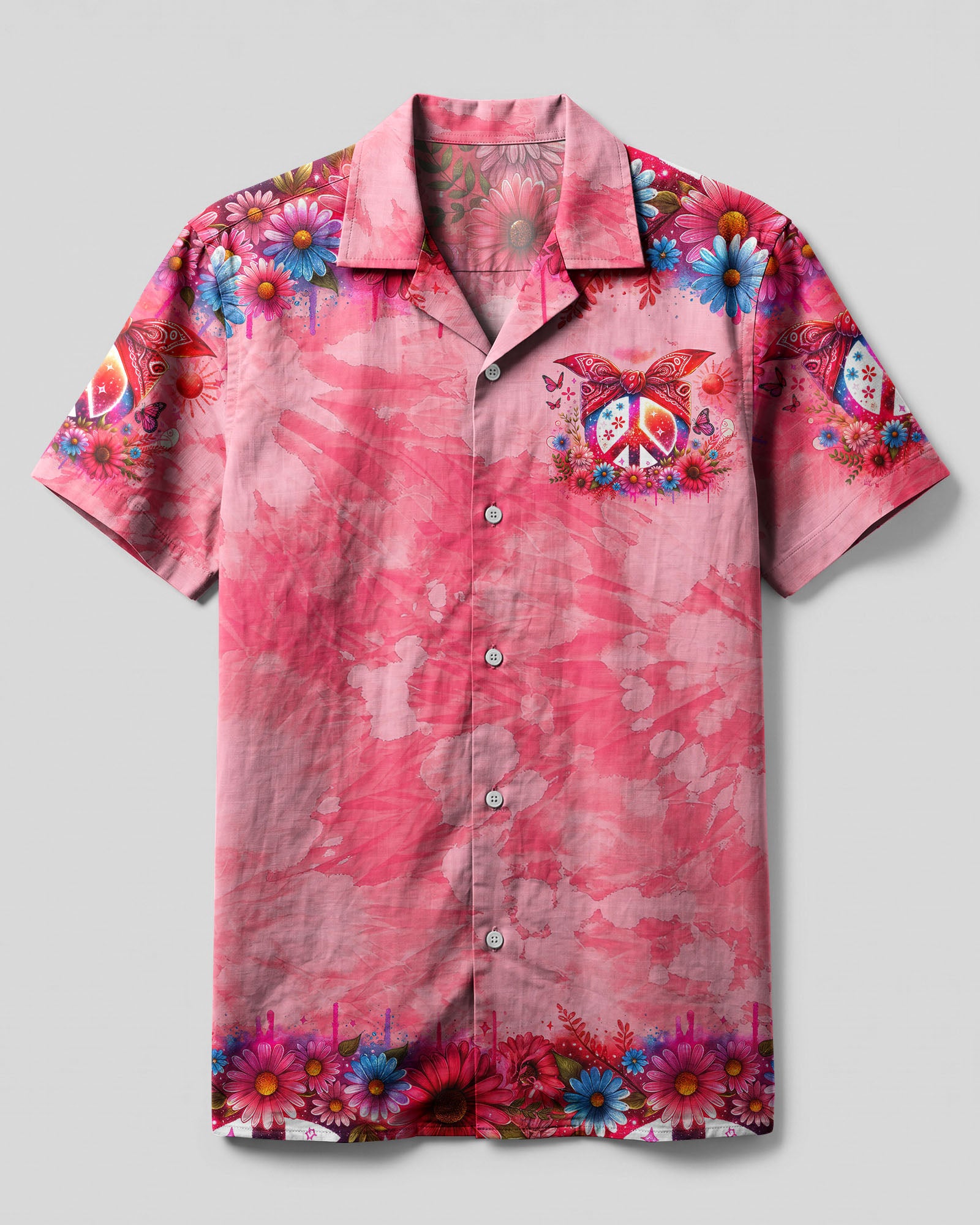 Peace Symbol Butterfly Camp Shirt Front view of the peace symbol butterfly camp shirt, featuring a vibrant pink color and floral designs.