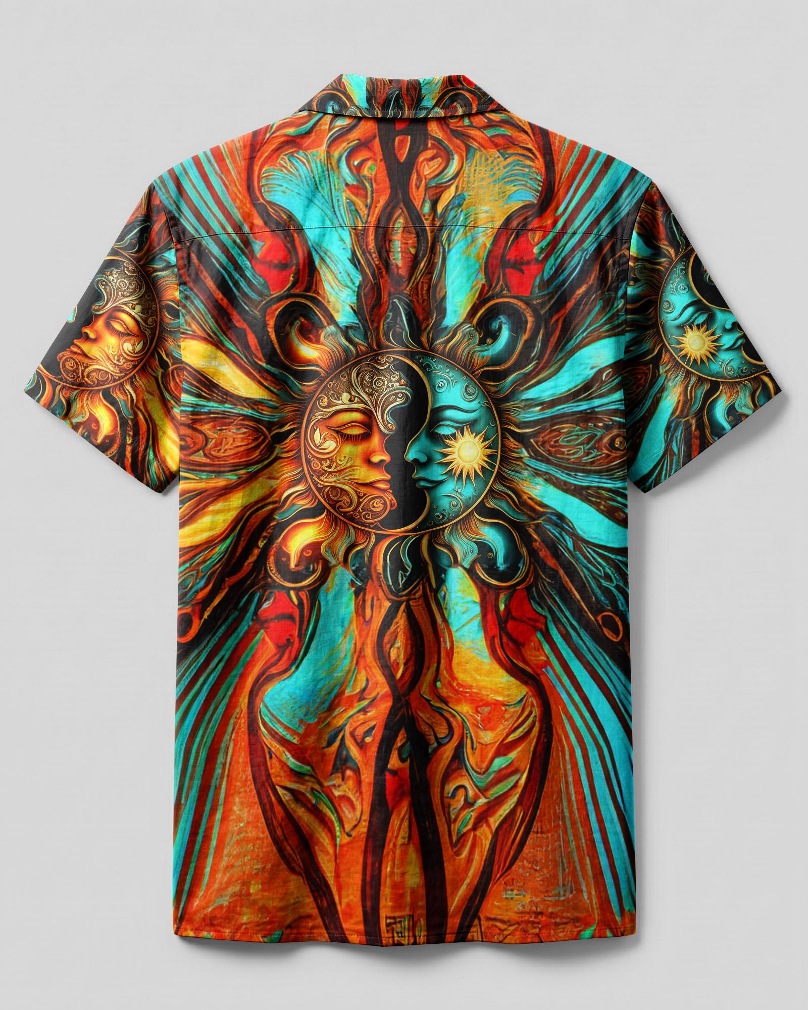 Sun and Moon Artistic Camp Shirt Back view of the sun and moon artistic camp shirt highlighting the bold patterns and unique color palette.