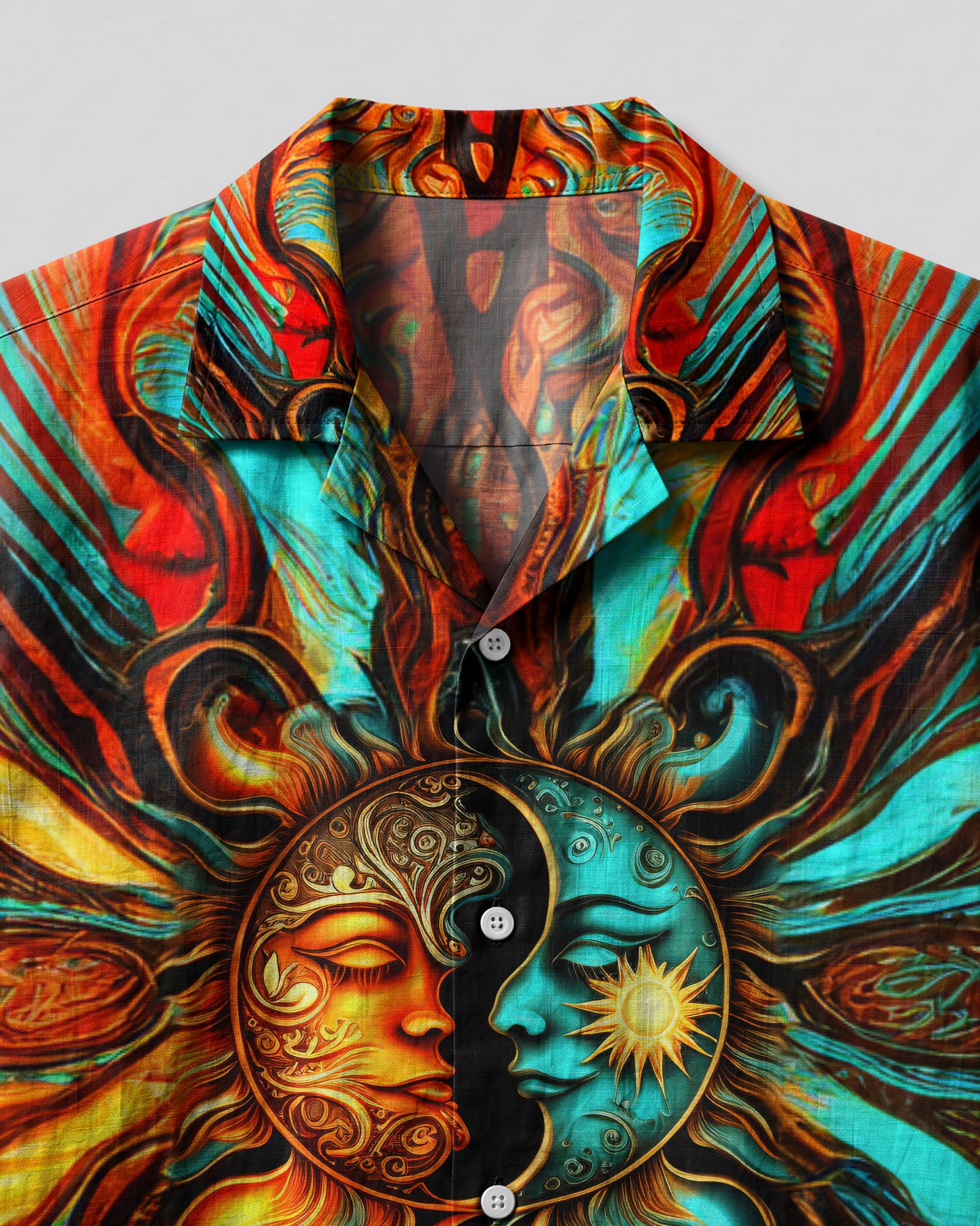 Sun and Moon Artistic Camp Shirt Close-up detail of the sun and moon artistic camp shirt, featuring stunning graphics and textures.