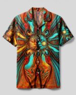 Front view of the sun and moon artistic camp shirt showcasing vibrant colors and intricate designs.