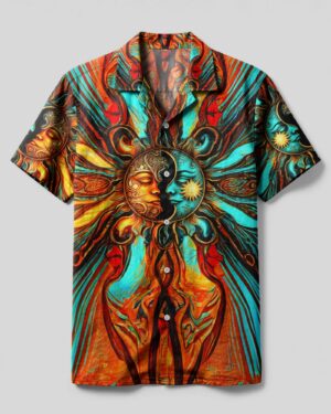 Front view of the sun and moon artistic camp shirt showcasing vibrant colors and intricate designs.