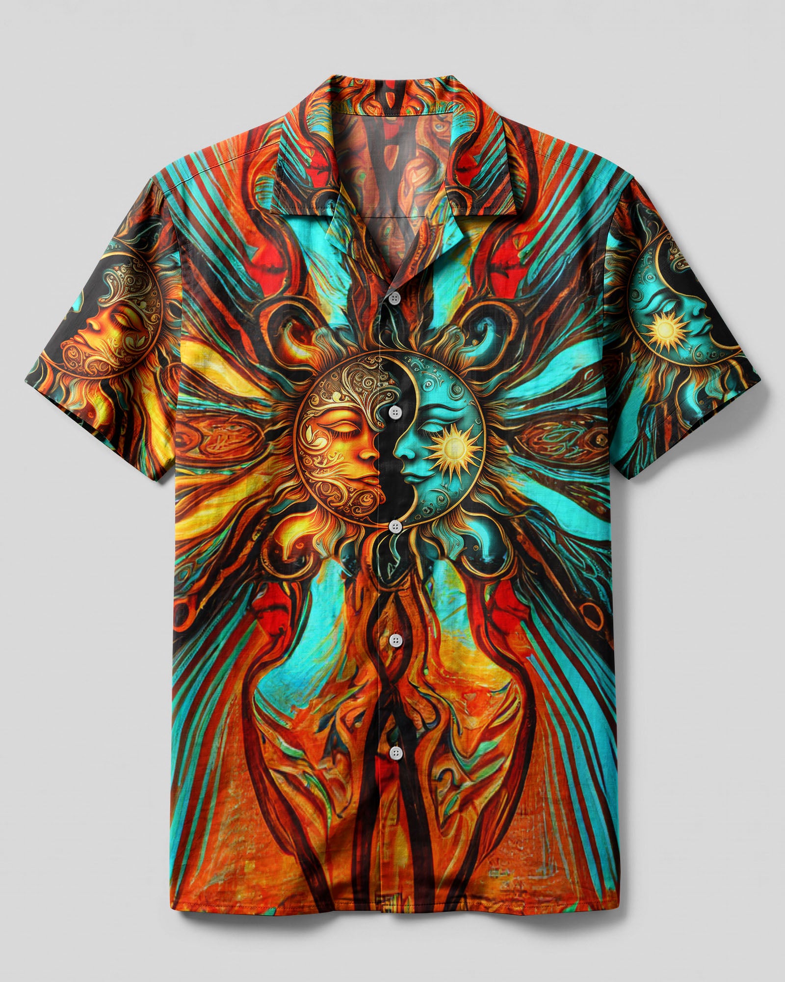 Sun and Moon Artistic Camp Shirt Front view of the sun and moon artistic camp shirt showcasing vibrant colors and intricate designs.