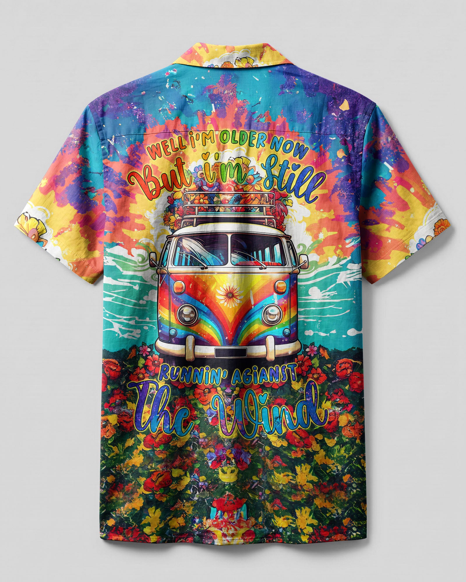 Running Against The Wind Hawaiian Shirt Back view of the Running Against The Wind Hawaiian shirt showcasing a colorful floral pattern and relaxed fit.